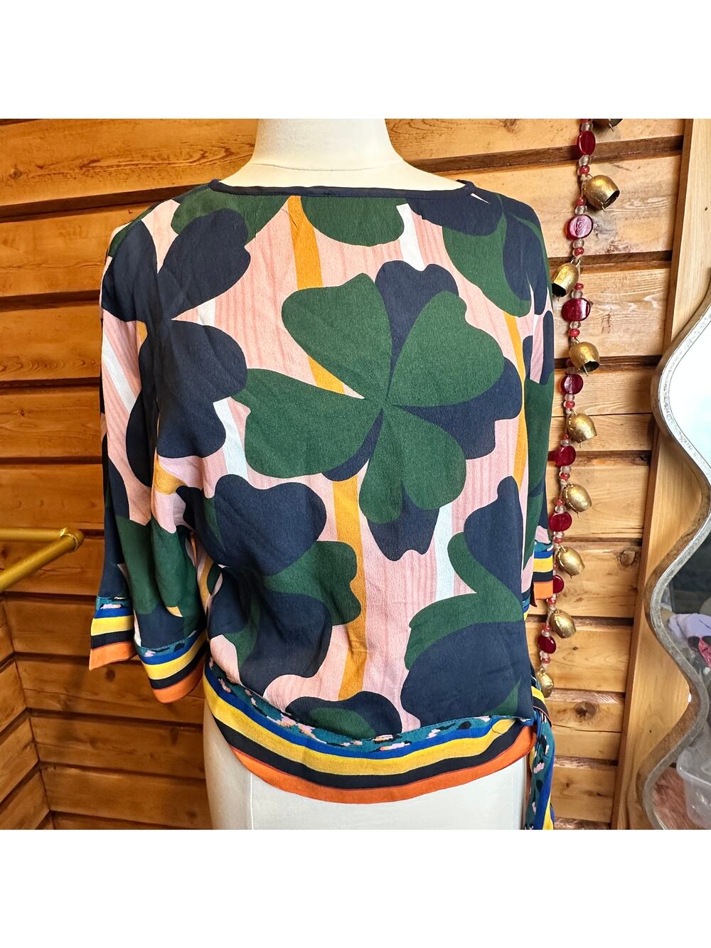 Blink London Clover Print Tie Front Blouse Multicolor 3/4 Sleeve Top